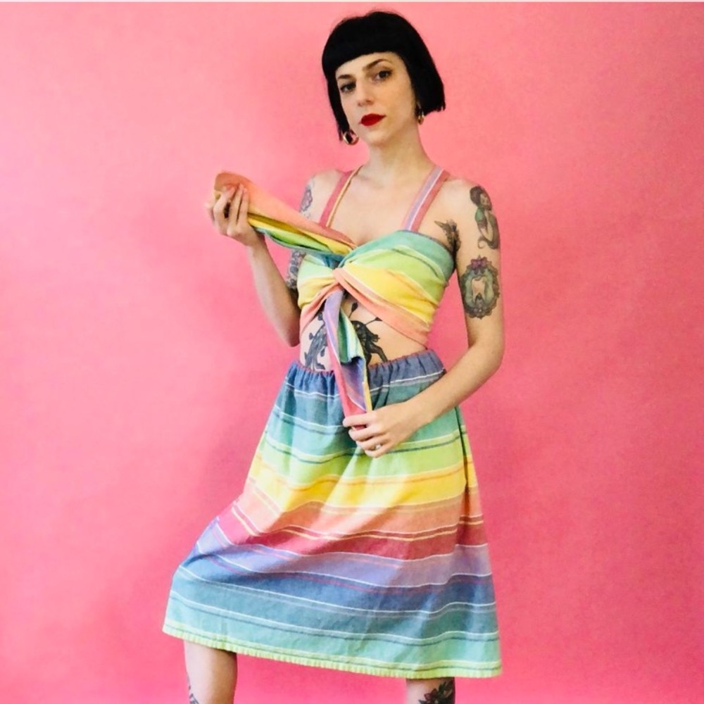 Franklin Jay Handmade Two Piece Rainbow Beach Set S/M Stripes - Picture 4 of 15